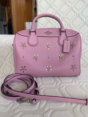 Coach Mini Benet Lilac Pink Tulip Floral crystal Stud Leather Satchel with Strap